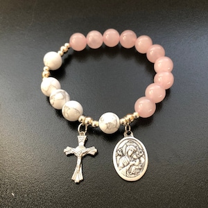 Rosary Bracelet - for Women - Rose Quartz - White Howlite - Stretch Bracelets -  Our Lady of Perpetual Help - small cross