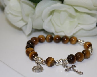 Rosary Bracelet-Yellow Tiger Eye-Unisex-Stretch Bracelets, Padre Pio Medal, and Cross Charm Pendant Silver
