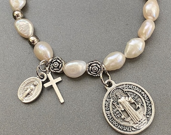 Rosary Bracelet - for Women - Stretch Bracelets -  St Benedict - Miraculous Medal - small cross