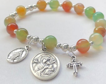 Rosary Bracelet for Women Stretch Bracelets, Our Lady of Perpetual Help, miraculous medal and small cross