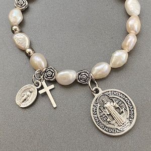 Rosary Bracelet - for Women - Stretch Bracelets -  St Benedict - Miraculous Medal - small cross