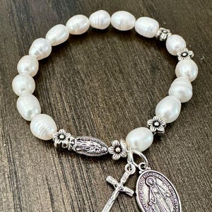 Rosary Bracelet - for Women - Stretch Bracelets -  Lady of Guadalupe - Miraculous Medal - small cross
