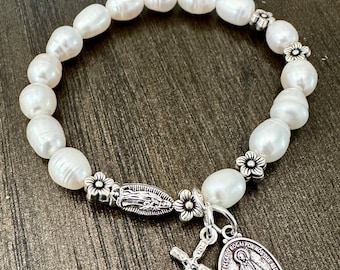 Rosary Bracelet - for Women - Stretch Bracelets -  Lady of Guadalupe - Miraculous Medal - small cross