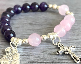 Rosary Bracelet - for Women - Amethyst - Rose Quartz - Stretch Bracelets -  Holy Family Medal - small cross