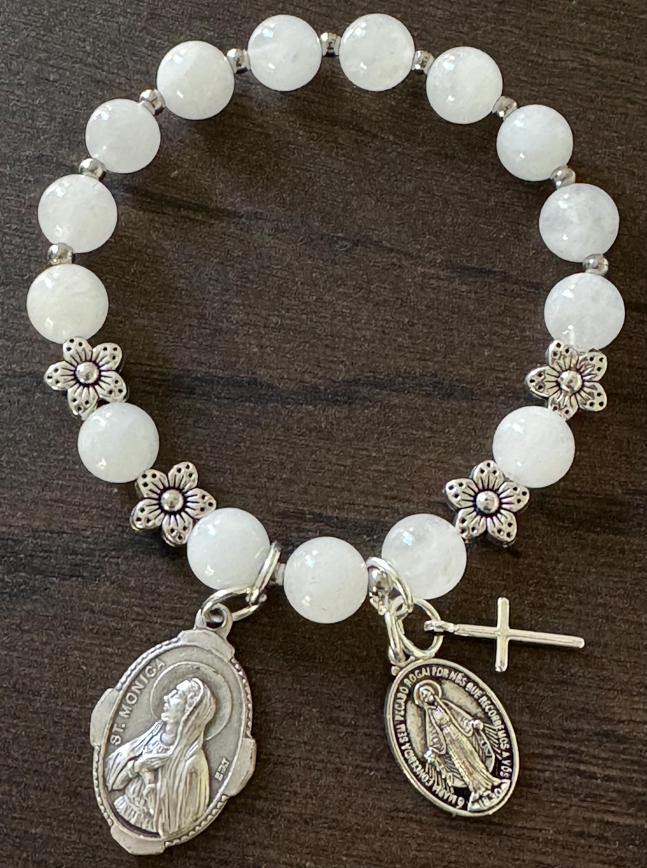 Rosary Bracelet with St. Monica, Patron saint of Mothers, in White Jade Beads, stretch bracelet, one decade, flower spacers
