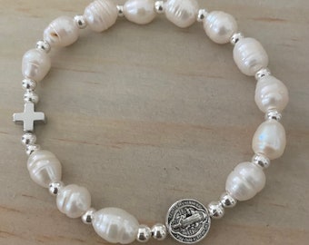 Rosary Bracelet - for Women - Freshwater Pearl - Stretch Bracelets -  St Benedict - small cross