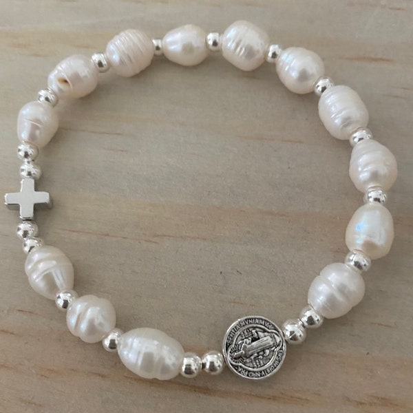 Rosary Bracelet - for Women - Freshwater Pearl - Stretch Bracelets -  St Benedict - small cross