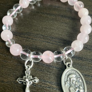 Rosary Bracelet - for Women - Rose Quartz - Clear Quartz - Stretch Bracelets -  Our Lady of Perpetual Help - small cross