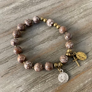 Rosary Bracelet - for Women - Brown Jasper Beads - Padre Pio - miraculous Medal - Stretch Bracelets - small cross