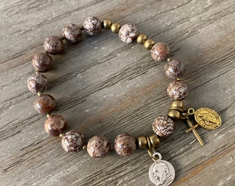 Rosary Bracelet - for Women - Brown Jasper Beads - Padre Pio - miraculous Medal - Stretch Bracelets - small cross