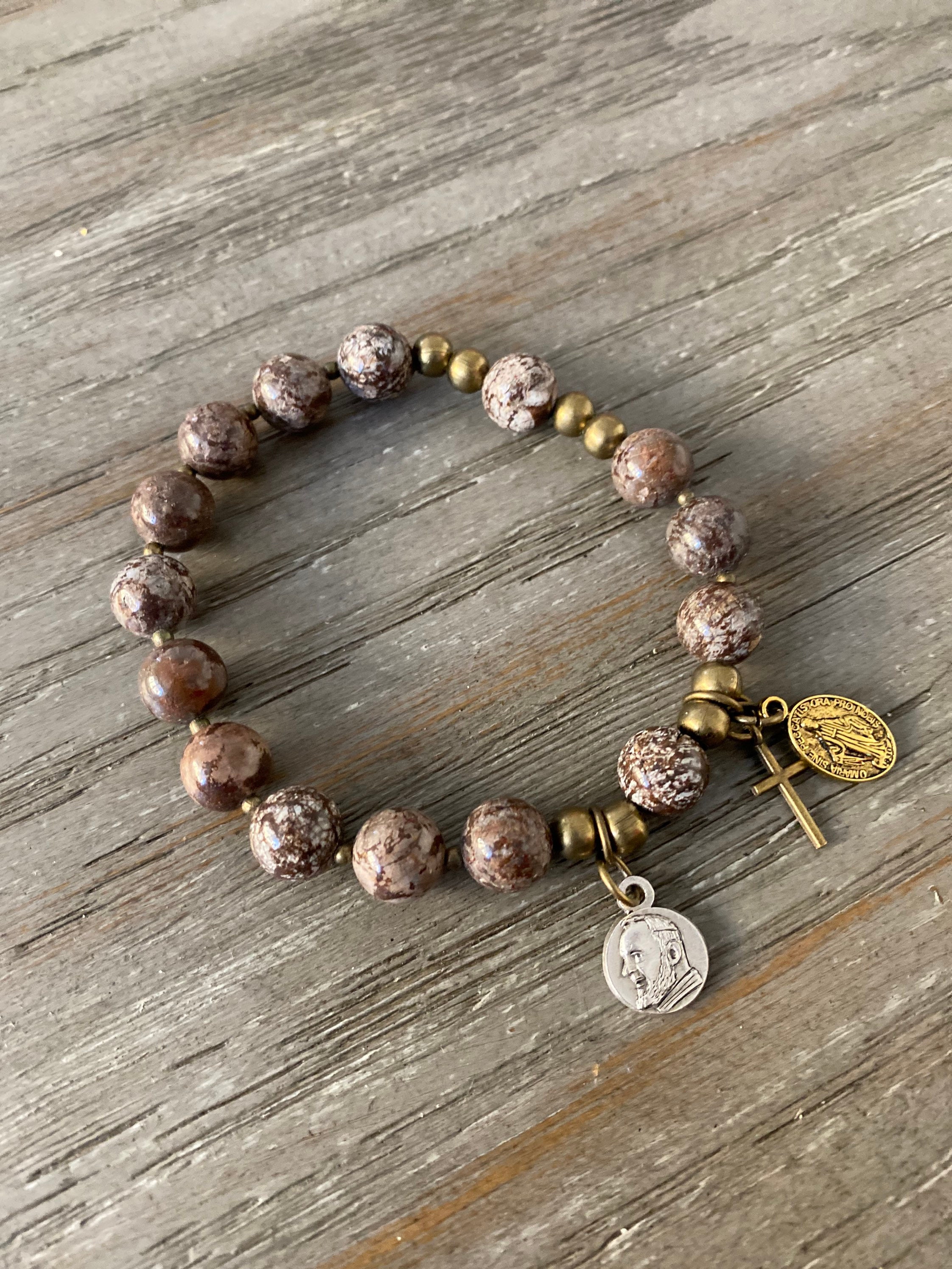 Rosary Bracelet - for Women - Brown Jasper Beads - Padre Pio - miraculous Medal - Stretch Bracelets - small cross