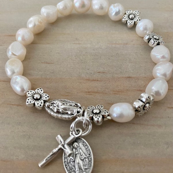 Rosary Bracelet - for Women - Stretch Bracelets -  Lady of Guadalupe - Miraculous Medal - small cross