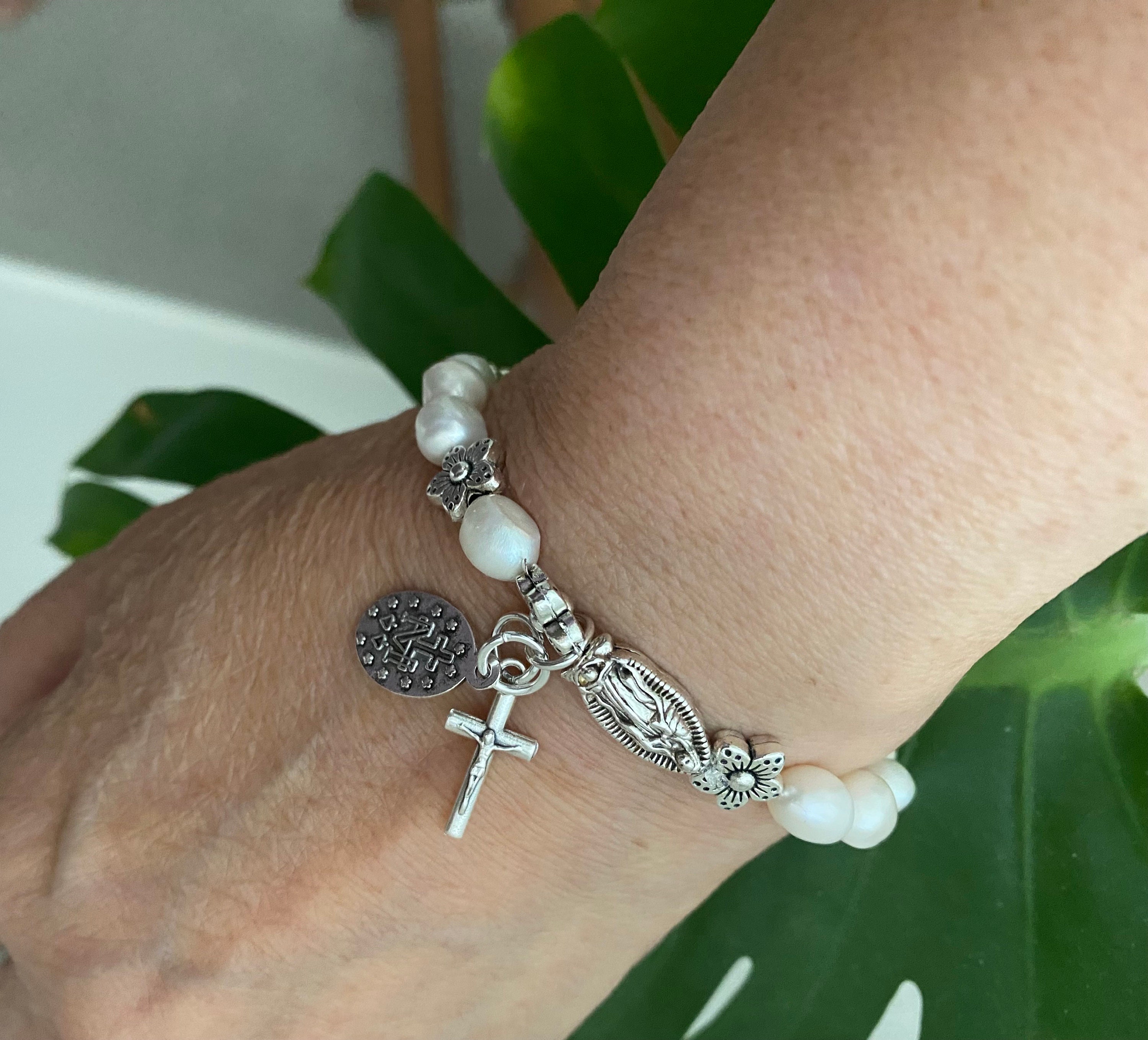 Rosary Bracelet - Women - Stretch Bracelet - Our Lady of Guadalupe - Small Cross