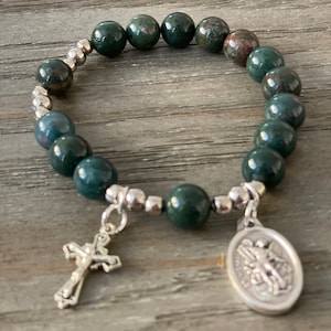 Rosary Bracelet - for Women - Bloodstone - Stretch Bracelets -  St Michael - small cross