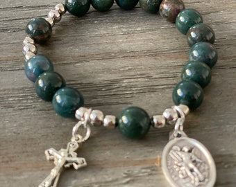 Rosary Bracelet - for Women - Bloodstone - Stretch Bracelets -  St Michael - small cross