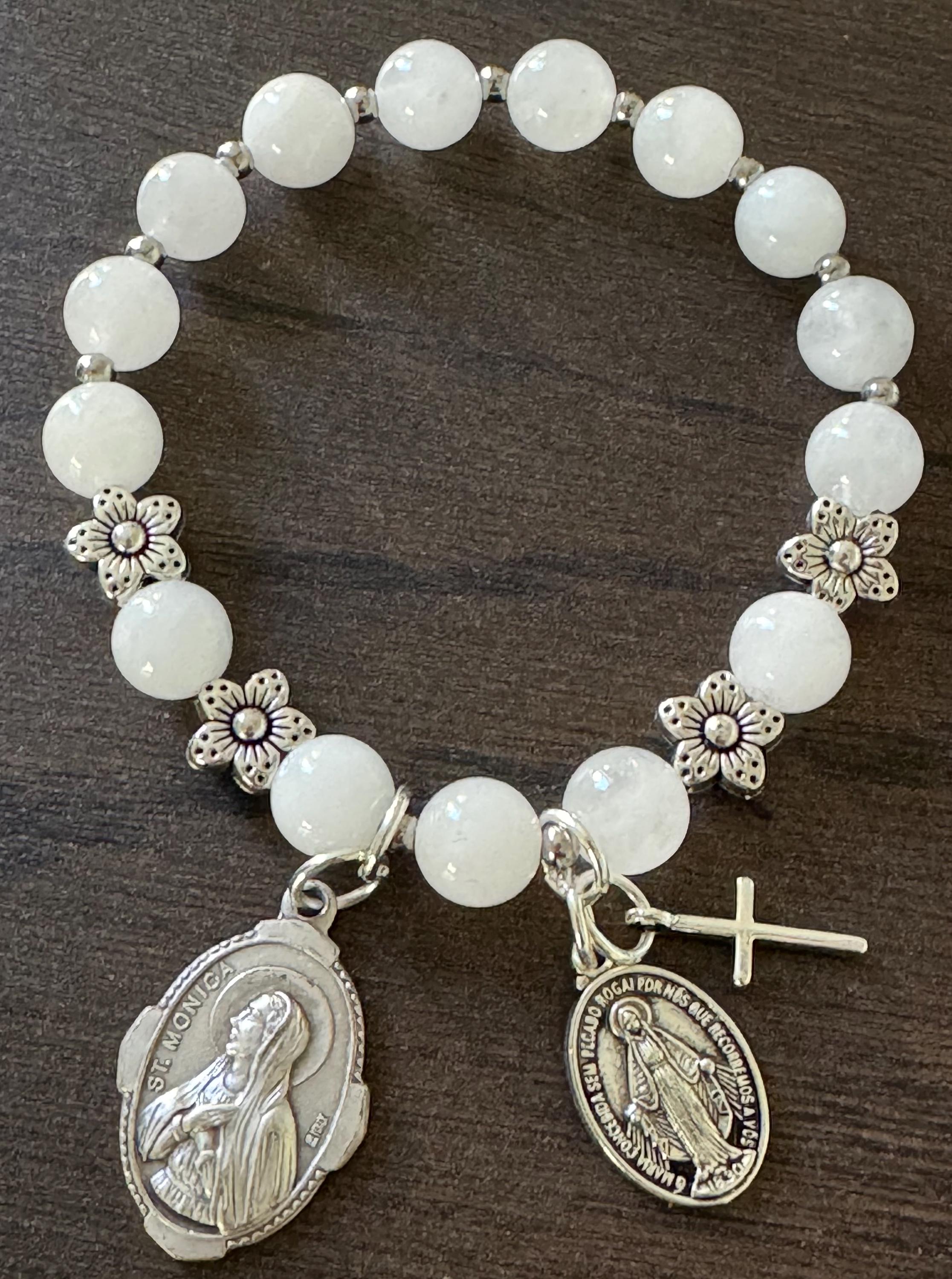 Rosary Bracelet with St. Monica, Patron saint of Mothers, in White Jade Beads, stretch bracelet, one decade, flower spacers