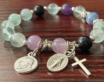 Rosary Bracelet for Women Stretch Bracelets, Padre Pio, miraculous medal and small cross