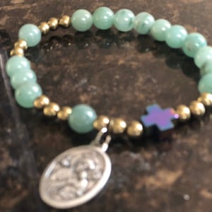 Item# 88056 - Rosary Bracelet - for Women - Green Aventurine - Stretch Bracelets -  Our Lady of Perpetual Help - small cross