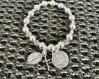Rosary Bracelet - for Women - Silver Hematite - Stretch Bracelets -  St Benedict - Miraculous Medal - small cross - with saint options