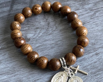 Religious Bracelet - Unisex - Wood Beads - Stretch Bracelets -  Padre Pio - Miraculous Medal - small cross