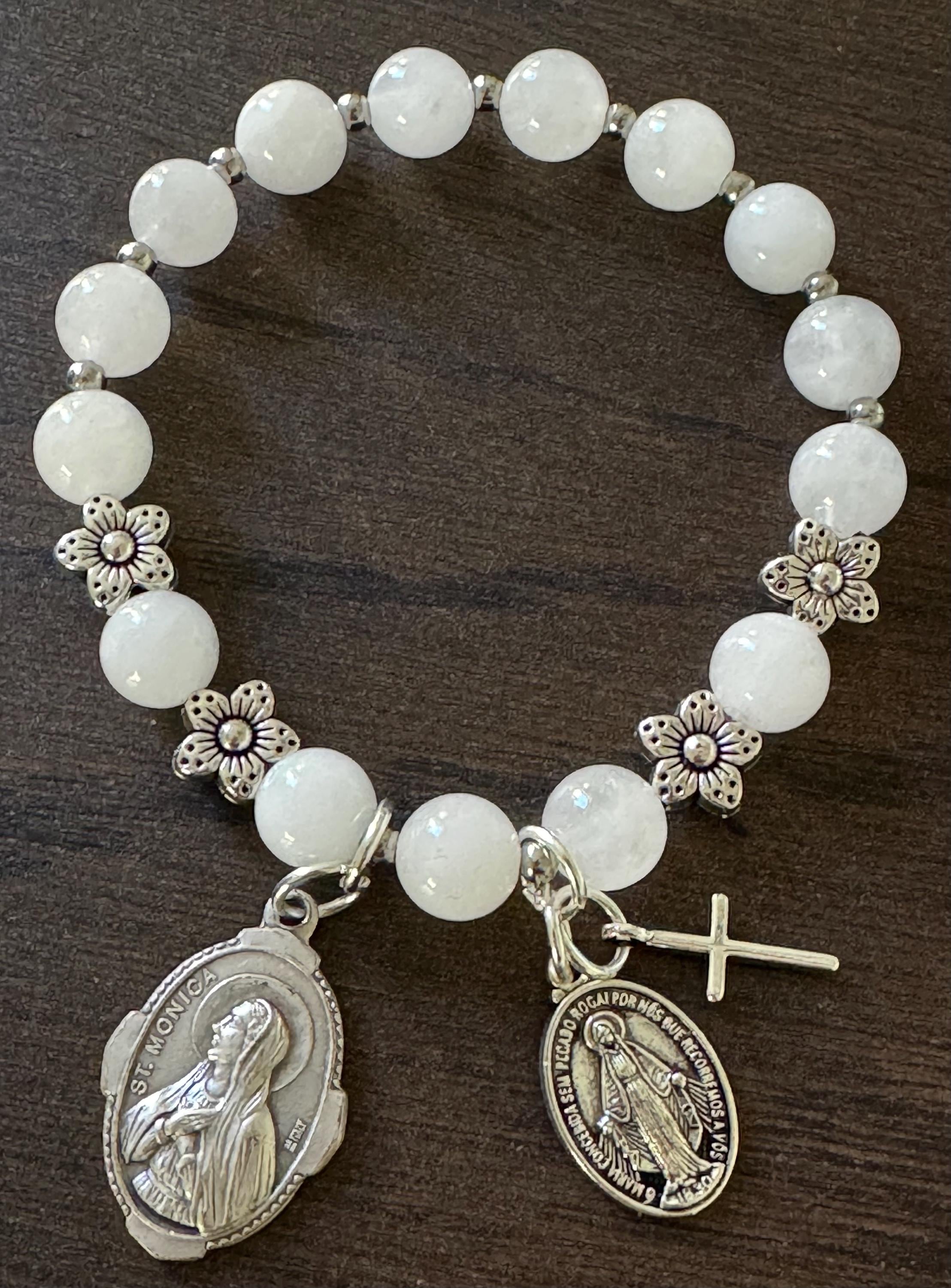Rosary Bracelet with St. Monica, Patron saint of Mothers, in White Jade Beads, stretch bracelet, one decade, flower spacers