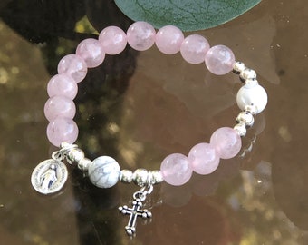 Rosary Bracelet - for Women - Rose Quartz - White Howlite - Stretch Bracelets -  Miraculous Medal - small cross