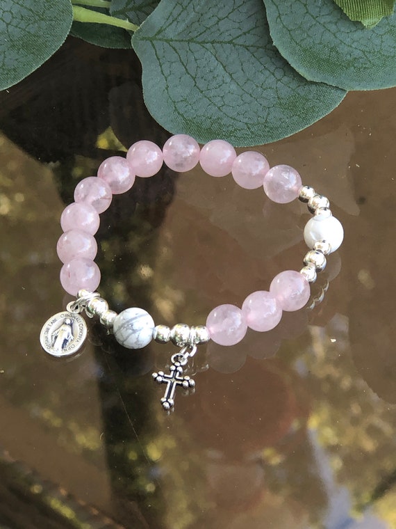 Rosary Bracelet for Women Rose Quartz White Howlite Stretch