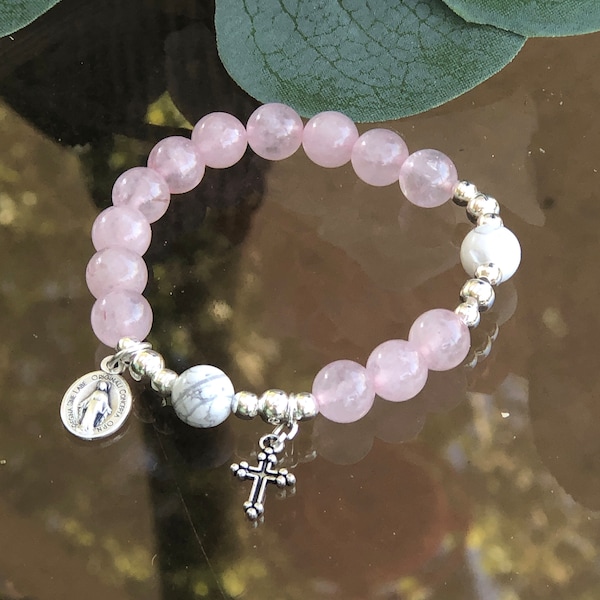 Rosary Bracelet - for Women - Rose Quartz - White Howlite - Stretch Bracelets -  Miraculous Medal - small cross