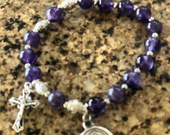 Rosary Bracelet - for Women - Amethyst- Stretch Bracelets -  Our Lady of Perpetual Help - small cross