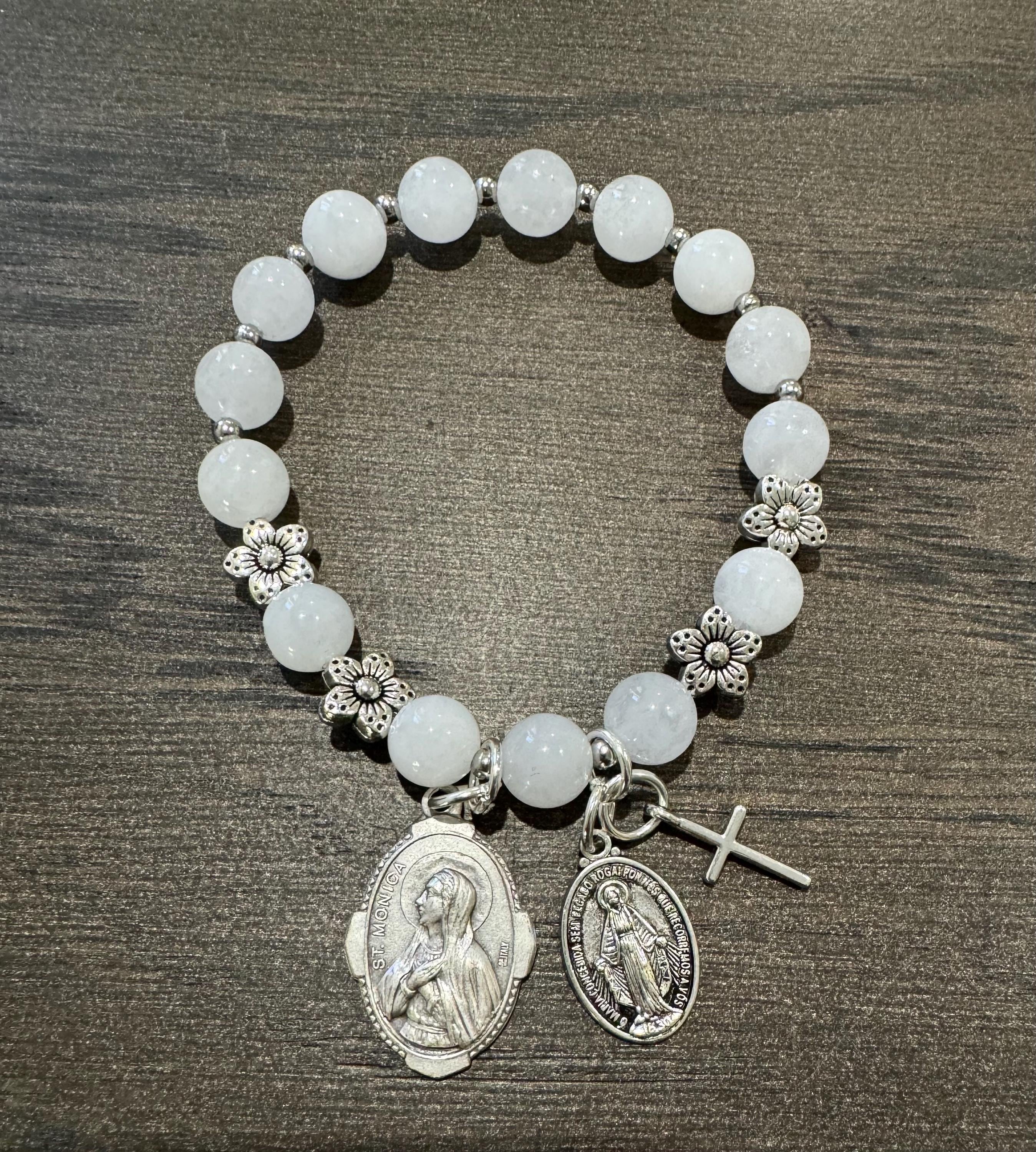 Rosary Bracelet with St. Monica, Patron saint of Mothers, in White Jade Beads, stretch bracelet, one decade, flower spacers