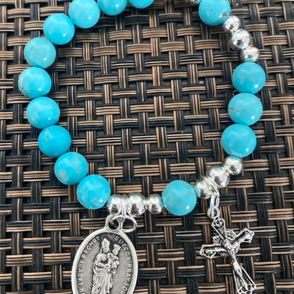 Rosary Bracelet - for Women - Turquoise - Stretch Bracelets -  Lady of Prompt Succor - small cross