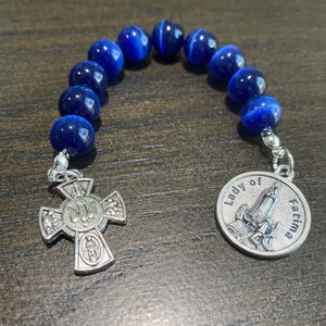 Rosary - One Decade - Blue Tiger - Our Lady of Fatima- 4-way cross charm