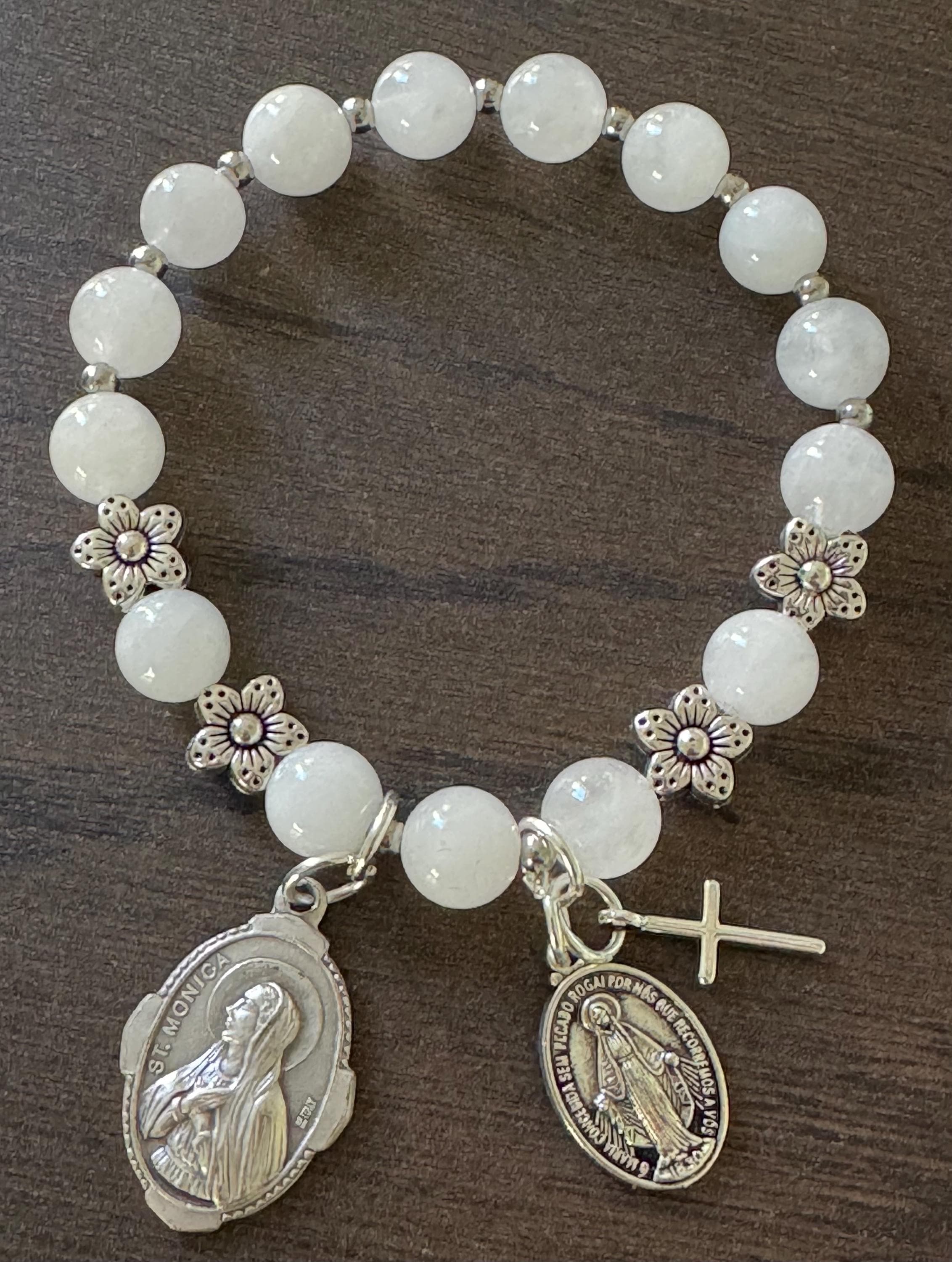 Rosary Bracelet with St. Monica, Patron saint of Mothers, in White Jade Beads, stretch bracelet, one decade, flower spacers