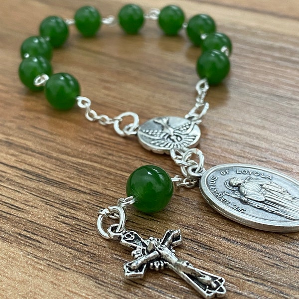 Mini chapelet - Chapelet de poche - chapelet perle - 1 dizaine - 8mm Jade vert - Confirmation - St Ignace - Saint-Esprit - crucifix