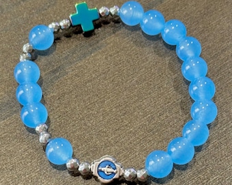Rosary Bracelet: Miraculous Medal, Small Cross in Natural Aquamarine beads