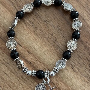 Religious Bracelet - Unisex - Beads - Stretch Bracelets - Black agate -  St Benedict beads/medal - cross