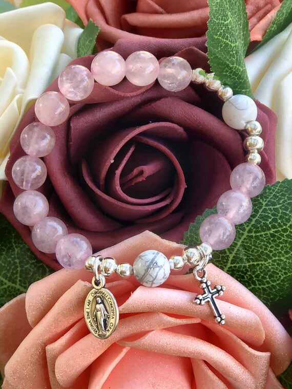 Rosary Bracelet for Women Rose Quartz White Howlite Stretch