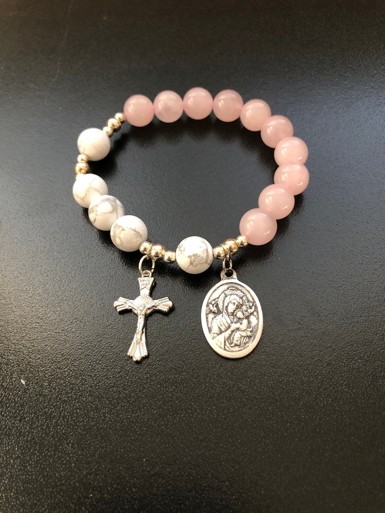 Rosary Bracelet - for Women - Rose Quartz - White Howlite - Stretch Bracelets -  Our Lady of Perpetual Help - small cross 