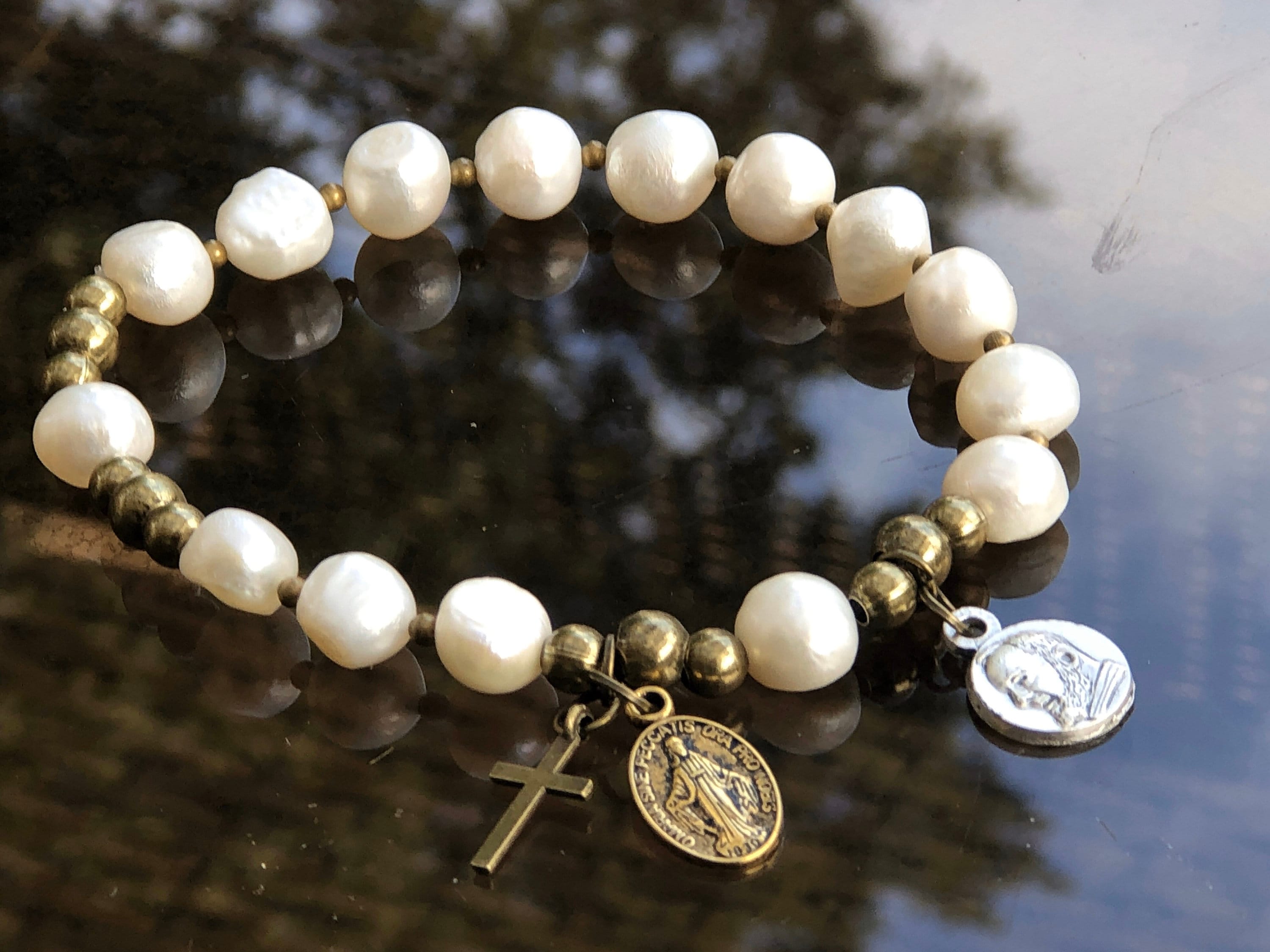 Rosary Bracelet - for Women - White Pearl - Stretch Bracelets -  Padre Pio - Miraculous Medal - small cross