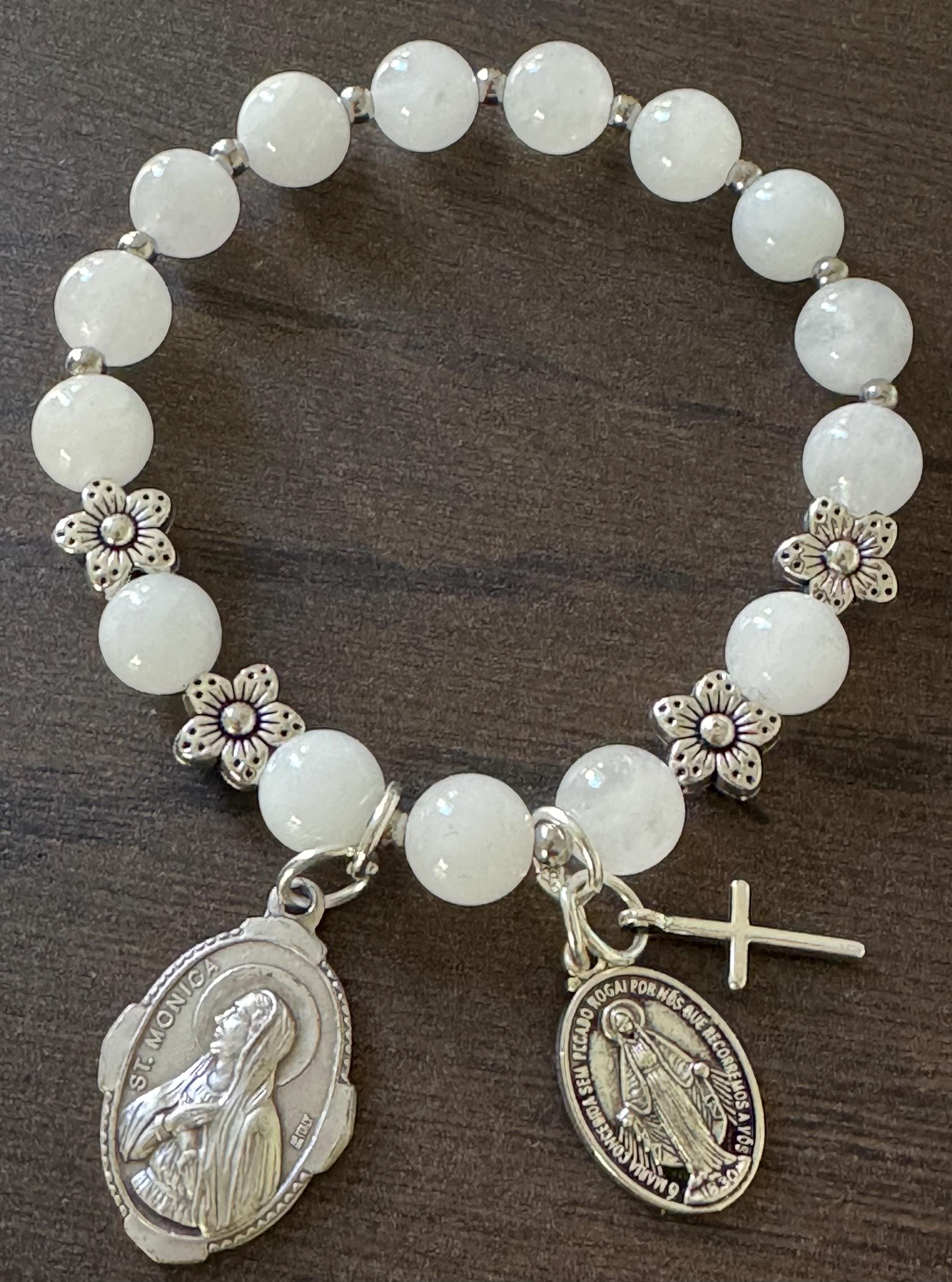 Rosary Bracelet with St. Monica, Patron saint of Mothers, in White Jade Beads, stretch bracelet, one decade, flower spacers
