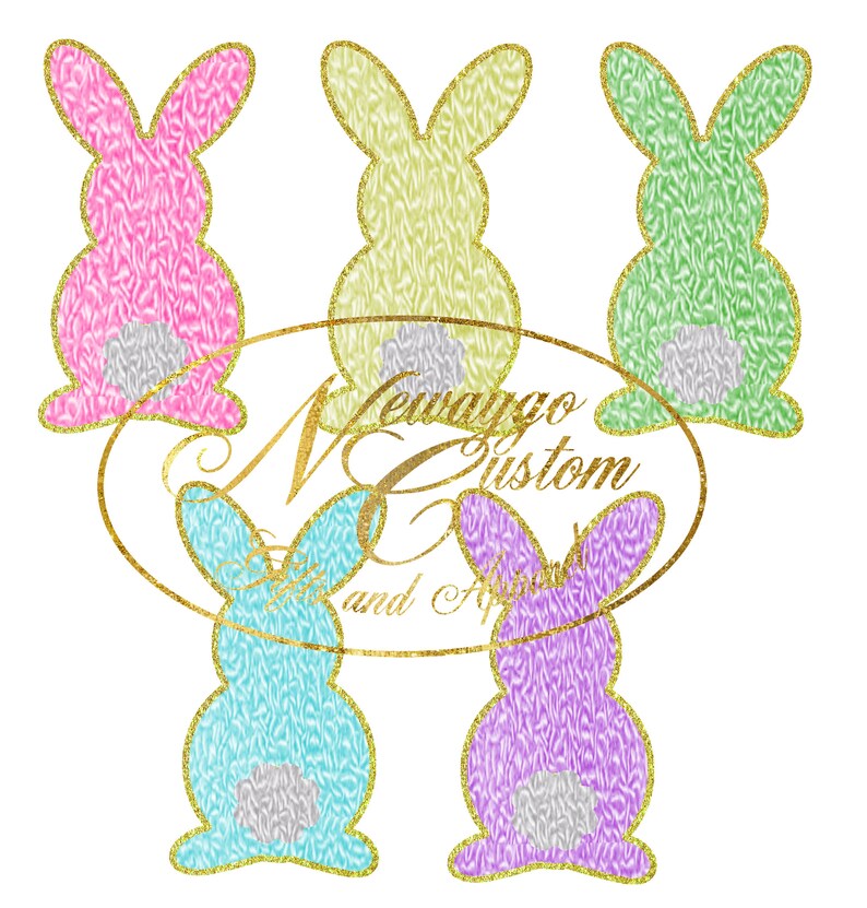 5 Chenille Easter Bunnies with Gold, Digital Download for Sublimation,Faux Chenille Patch, PNG image 1