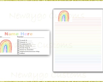 Custom, Personalized, Envelopes, School Stationery, Money Envelope, Signed Permission Slips, Teacher Notes, Rainbow Multicolored Lined Paper