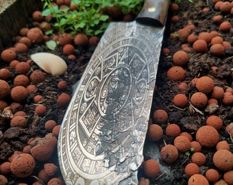 Ancient Wisdom in Your Kitchen: Forged Butcher Knife with Aztec Calendar Engraving Personalized Gift Unique Craft Knife  By Di&#39;Casteel