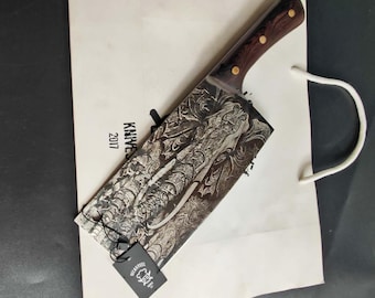 Classic Cleaver Knife with Elephant Family Engraving - Embrace the Spirit of the Elephant By Di&#39;Casteel