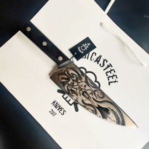 Elegance in Darkness: All Black Chef Knife with Medusa Engravings Personalized Knife with Unique Craft Knife Medusa Art  By Di&#39;Casteel