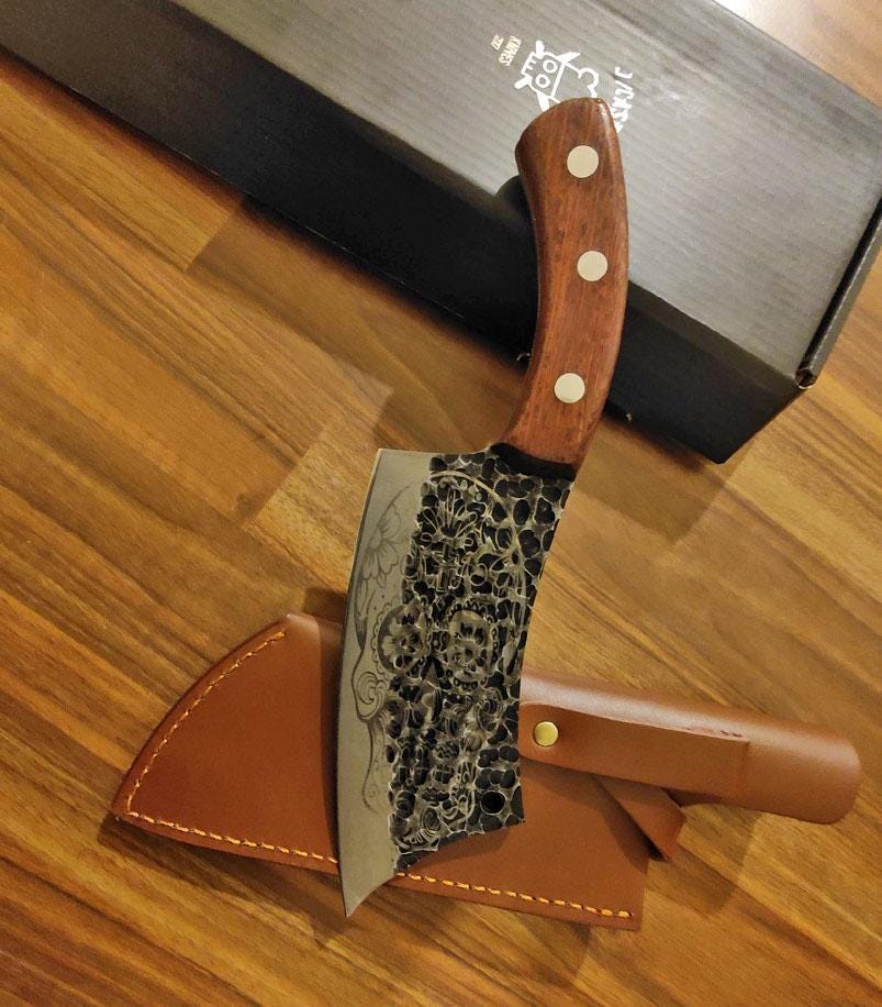 メキシカンスカル彫刻入りチョッパーナイフ、4Cr13MoV製キッチンナイフ