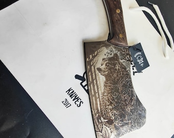 Embrace the Wilderness Cleaver Knife with Wild Bear Engravings By Di&#39;Casteel