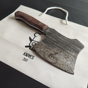 The Elephant Guardian – Forged Axe Knife with Elephant Engraving Craft Knife ,Personalized Gift Unique Custom Axe Knife  by Di&#39;Casteel