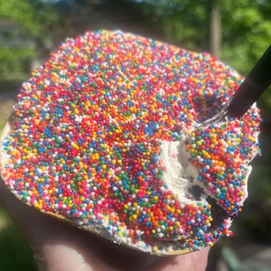 May include: A round dessert topped with a thick layer of white frosting and a dense coating of multicolored round sprinkles. A small portion of the frosting is scooped out, revealing a dark brown cake base underneath, with a black utensil inserted.