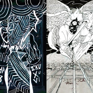 May include: Black and white illustration of two figures. The figure on the left is surrounded by geometric shapes and the text "OYA 13 IKU X VI". The figure on the right is an angel with wings, holding a sword and hovering over a grid of squares.
